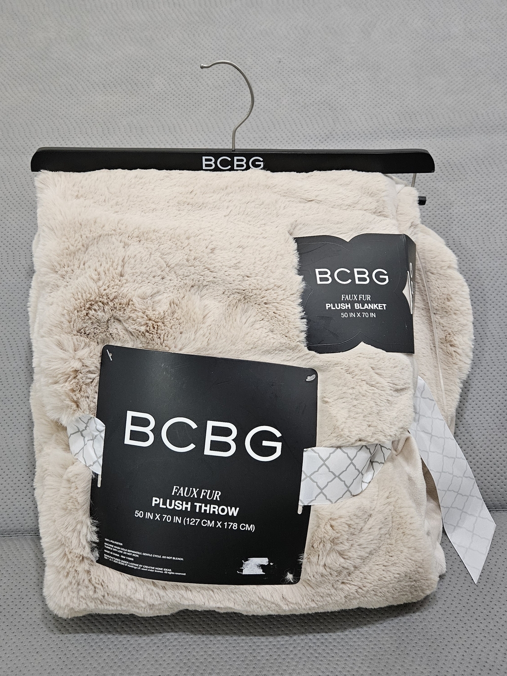 BCBG Faux Fur Plush Throw - Beige